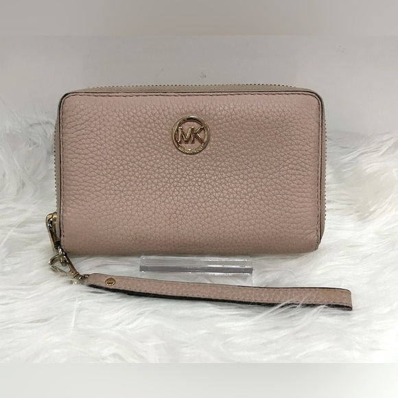 Michael Kors Pink Pebbled Leather Zip-Around Wristlet Wallet MK Logo Clutch - Picture 3 of 8